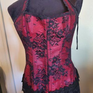 Frederick's Red & Black Corset Top with Halter Tie/Strap